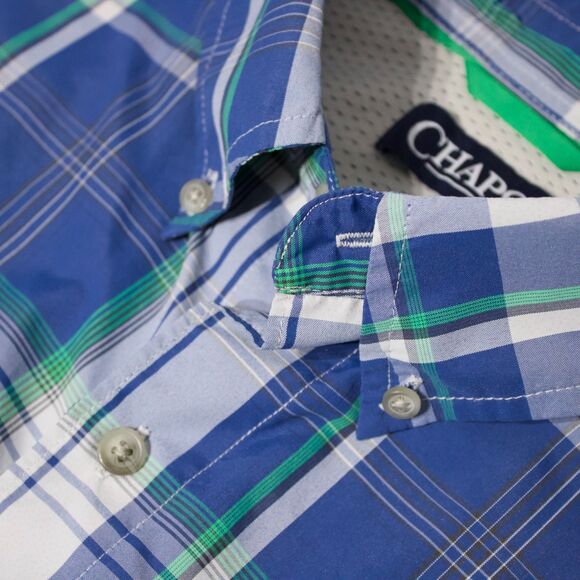 Chaps Ralph Lauren Blue Poly Plaid Short Sleeve Camp Shirt Button Down Men Sz. M - Picture 5 of 9